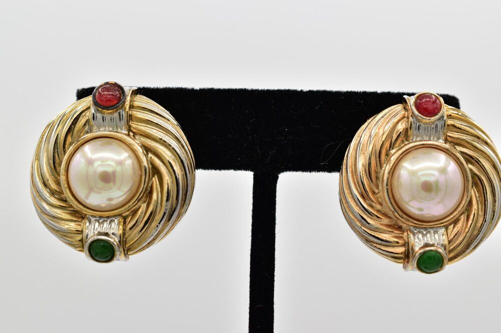 Vintage Cabochon Clip On Earrings Pearl Red Green White Gold Chunky 1980s BinBB